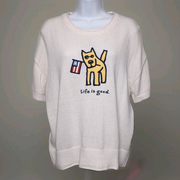 Life Is Good Pullover Sweater Womens L Ivory Cream Dog American Flag NEW NWT - Picture 1 of 12